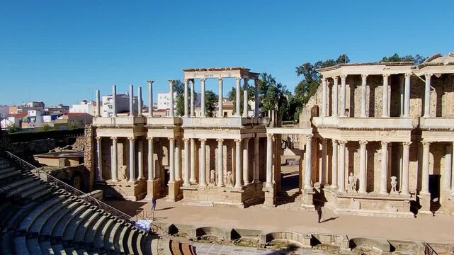 Ruins of Roman Empire. Roman Theatre of M&eacute;rida. Panoramic view of the theatre and seating. Roman Empire architecture. M&eacute;rida, Spain.