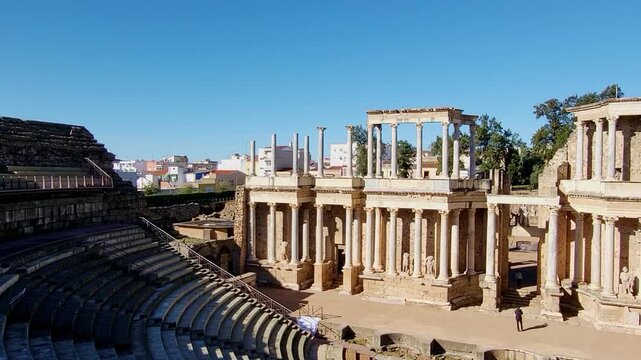 M&eacute;rida, Spain. Ruins of Roman Empire. Roman Theatre of M&eacute;rida. Panoramic view of the theatre and seating. Roman Empire architecture.