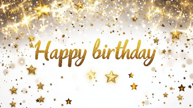 Golden stars dance against a bright white background. "Happy birthday" glows in elegant gold script. Sparkles shimmer like celebration confetti. Perfect for festive greeting cards or party designs
