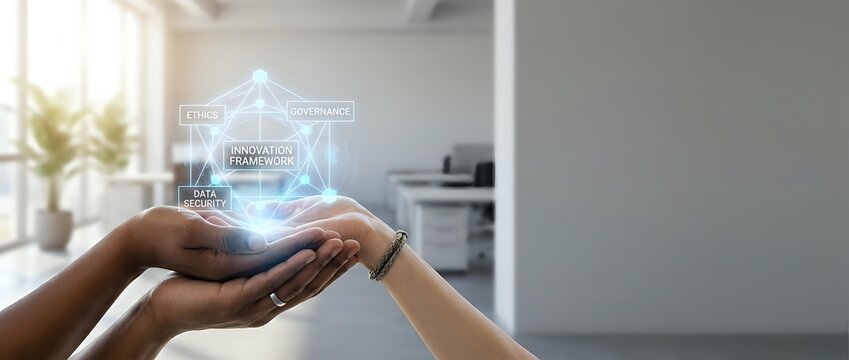 Hands holding holographic smart home control interface with IoT connectivity icons in modern kitchen interior for automation technology concepts.