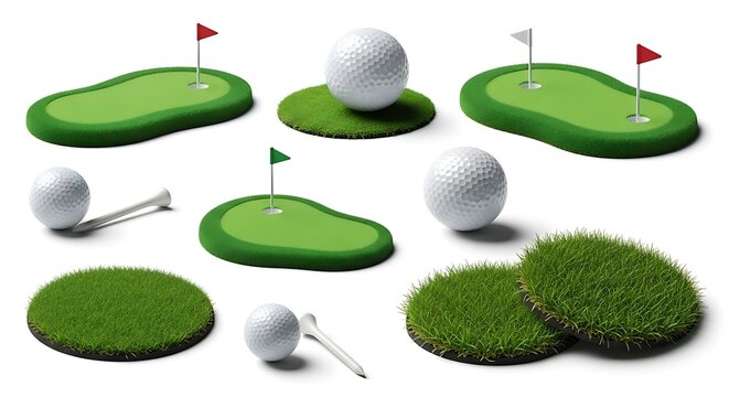 Compilation of golf elements including golf balls, tees, greens with flags, and grass patches