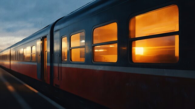 Train gliding past station at golden hour