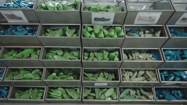 Rows of blue and green plastic shoe molds organised in metal shelf trays in a footwear factory storage room, shoe reference images visible