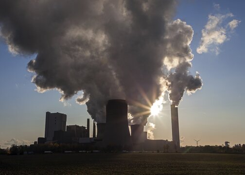 RWE Power AG, Niederaussem power plant, lignite-fired power plant, steaming chimneys, coal exit, Bergheim, Rhenish lignite mining area, North Rhine-Westphalia, Germany
