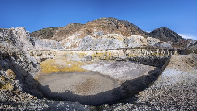 Caldera volcano with pumice fields, yellow coloured sulphur stones, Alexandros crater, Nisyros, Dodecanese, Greece