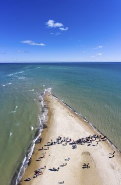 Aerial view, tourists watching seals on the beach, Grenen, the northernmost point of Denmark, left North Sea, right Baltic Sea, Jutland, Denmark, Europe