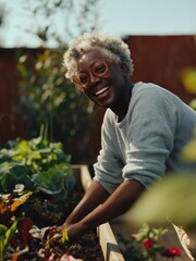 Fototapeta premium Joyful senior woman with grey hair gardening in a raised bed with fresh vegetables