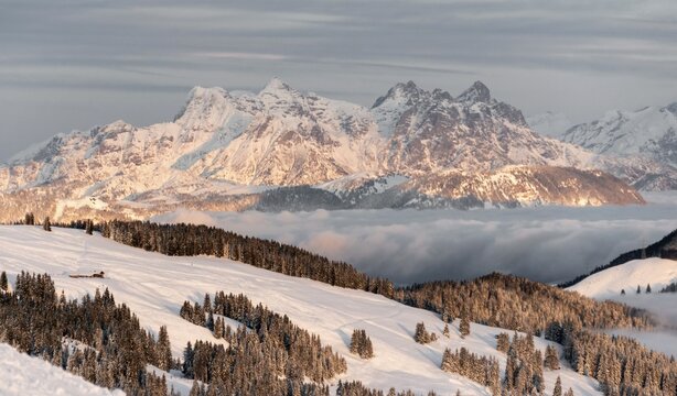 View of snow-covered mountain peaks, Loferer Steinberge in the evening light, Hochbrixen, Brixen im Thale, Tyrol, Austria
