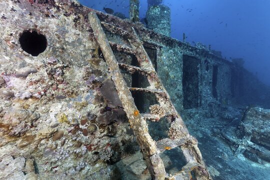 Deck superstructure with stairs, shipwreck, SS Thistlegorm, Red Sea, Shaab Ali, Sinai Peninsula, Egypt