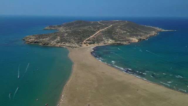 Aerial view of Prasonisi beach with kite surfers, Rhodes Greece