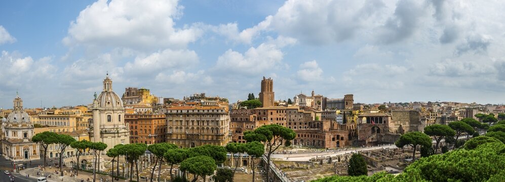 Roman Forum, Trajan's Forum with Trajan's Column and the Church Santissimo Nome di Maria al Foro Traiano, Trajan's Market, Rome, Lazio, Italy