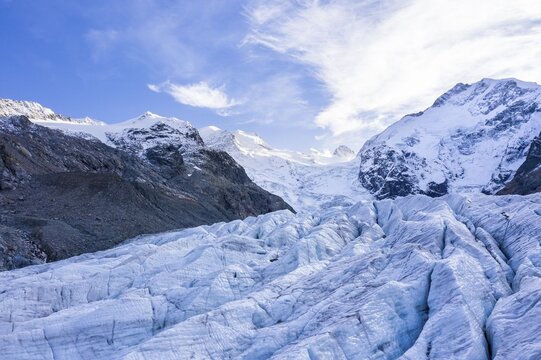 Morteratsch Glacier, Bernina Group with Piz Bernina, Bernina, Engadin, Canton Graub&uuml;nden, Switzerland