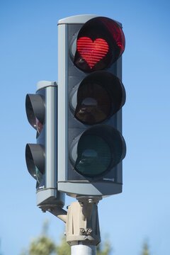 Traffic light with red heart, Akureyri, Eyjafj&ouml;r&eth;ur, North Iceland, Iceland