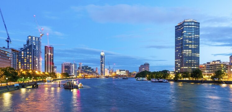 View from Lambeth bridge, skyscrapers next to the River Thames, twilight, districts of Millbank and Vauxhall, London, England, Great Britain