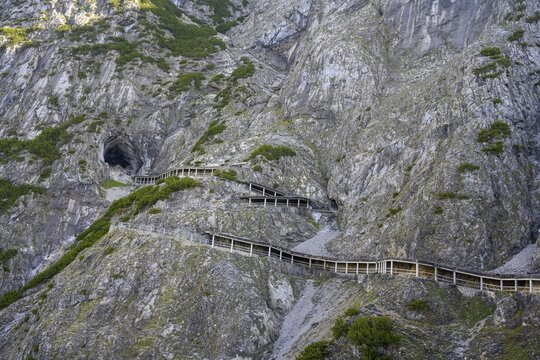 Path through rock gallery to the cave entrance of the Eisriesenwelt, Werfen, Salzburg, Austria