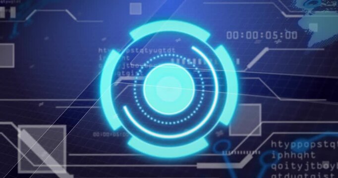 Central cyan core pulsing, rings sweeping and scan line crossing while timestamp updating for tech