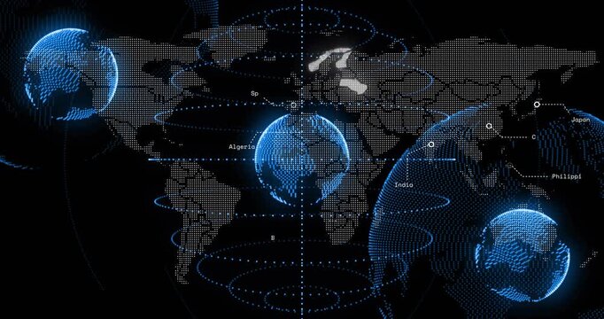 Data ping starting central blue globe rotating, highlighting countries, visualizing live updates