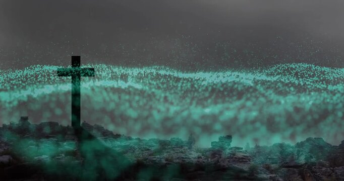 Spark pushing low teal particles, growing and rolling across fixed dark cross, creating horizon