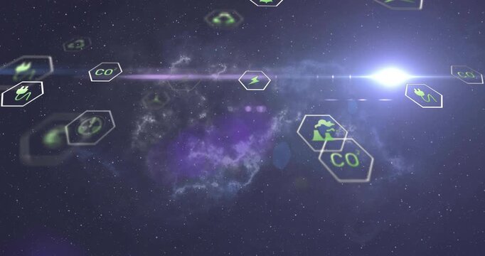 Camera dollying forward and upward, green hex icons drifting and focusing revealing energy symbols