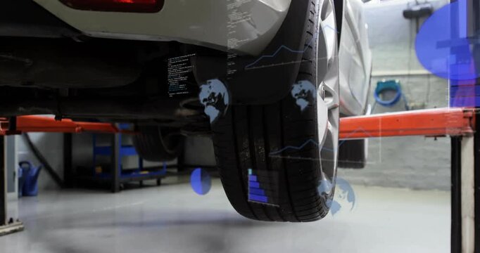 Lift arm entering frame lifting rear wheel while blue overlays expanding to show diagnostic data