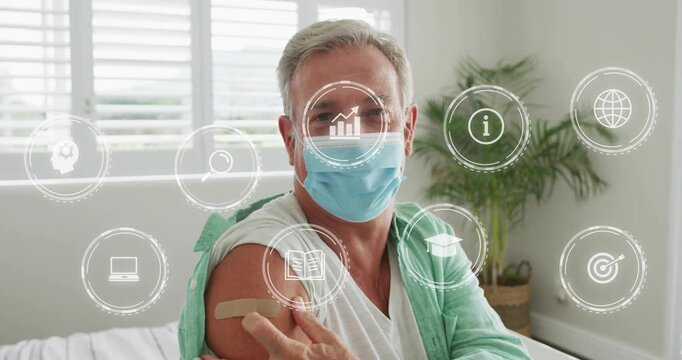 Senior man sitting checking bandage after injection, watching health HUD icons growing over torso