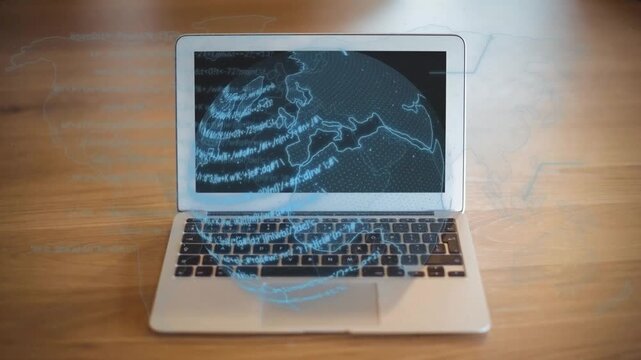 Laptop screen dark map starting 3D globe forming rotating emitting lines onto keys to show data