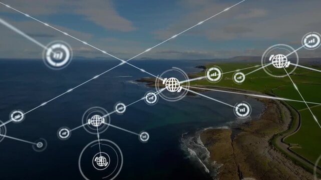 Network overlay expanding over coastal bay, central globe appearing and emitting lines mapping tech