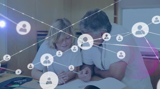 Adult guiding child at table, turning page and causing animated icons network aiding learning
