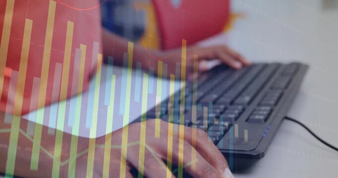 Boy at desk using right hand mouse typing starting overlay clicking education bargraph shifting