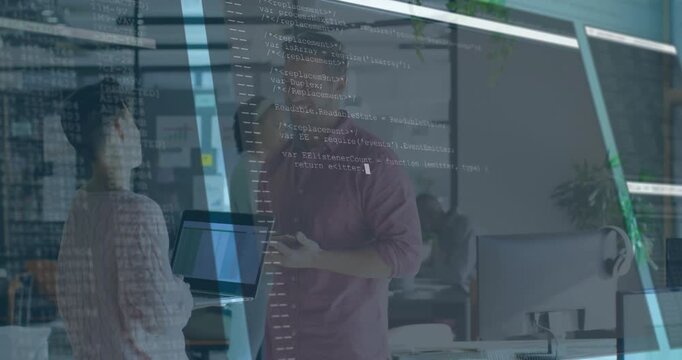 Man gesturing to laptop and woman viewing screen, causing sheer code panel sliding, for team review