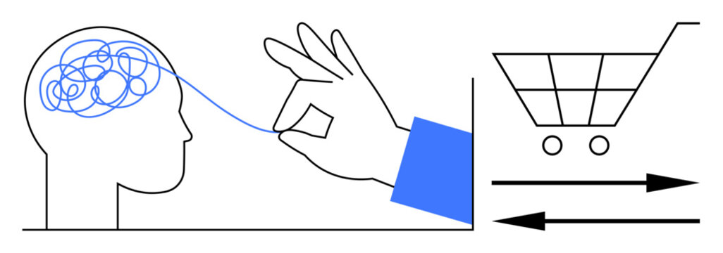 Problem solving, mental clarity, consumer choices, e-commerce, decision making, cognitive processes. Hand untangling brain, shopping cart and arrows. Mental clarity and consumer choices