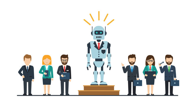 A grey humanoid robot wearing a professional suit and red tie stands on a wooden podium while surrounded by a diverse group of human office workers.