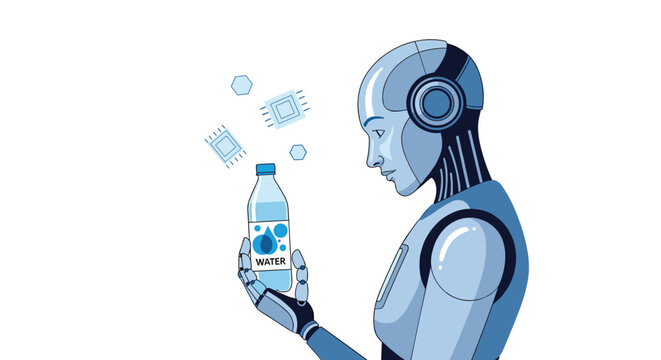 A blue-toned humanoid robot carefully examines a clear plastic bottle of water while several floating microchip icons hover in the white background.