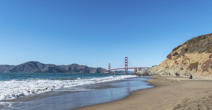 Golden Gate Bridge, Marshall's Beach, rocky coast, San Francisco, USA