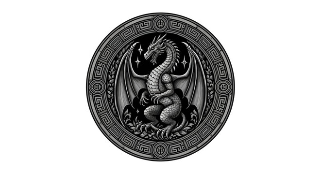 Detailed fantasy dragon illustration in grayscale, enclosed in an ornate circular frame with gothic and medieval decorative elements