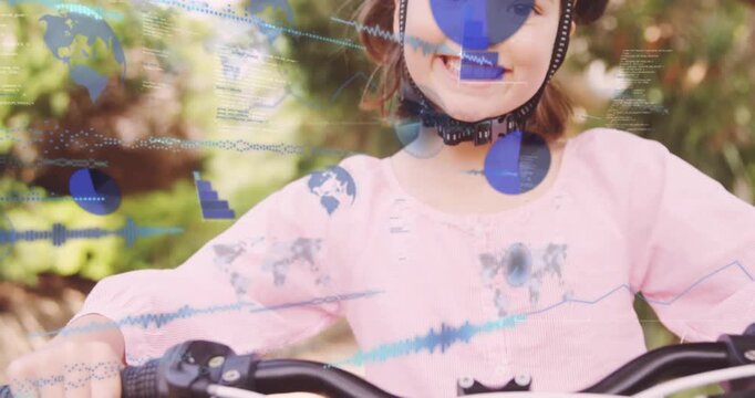 Girl holding bike bars, camera pulling back as blue icons appearing around helmet, teaching safety