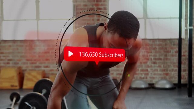 Man performing dumbbell rows, fitness subs overlay centering torso and rising per rep then smiling