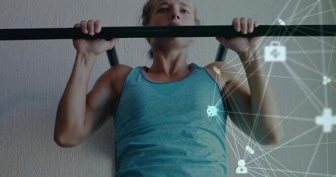Woman gripping black pullup bar, doing steady reps for fitness, network overlay pulsing right side