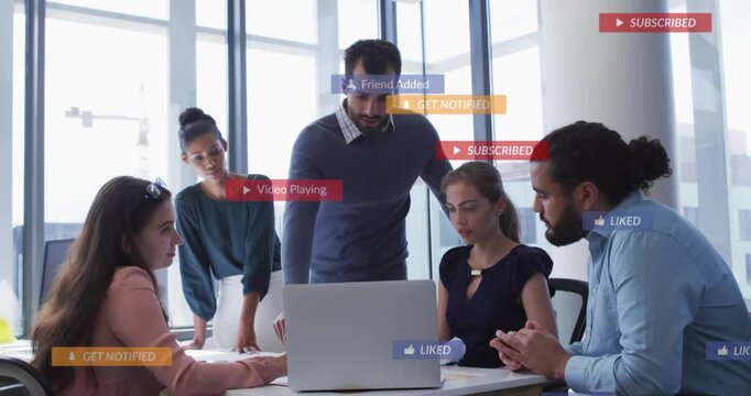 Five colleagues leaning over laptop receiving notifications, overlays appearing and analyzing ads
