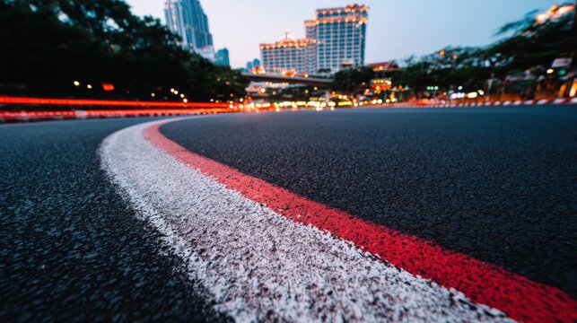 夕方の街の明かりの下で曲がった道路線