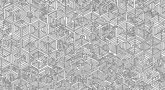 Abstract Isometric Futuristic Cityscape Network Pattern. Geometric Technology Background with Interconnected Digital Shapes.