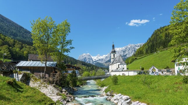 Pfarrkirche St. Sebastian, parish church, Ramsauer Bach, river, Reiteralpe behind, Ramsau, Berchtesgaden area, Upper Bavaria, Bavaria, Germany