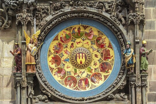 Calendar disc of the astronomical clock at the Old Town Hall, Old Town, Prague, Bohemia, Czech Republic