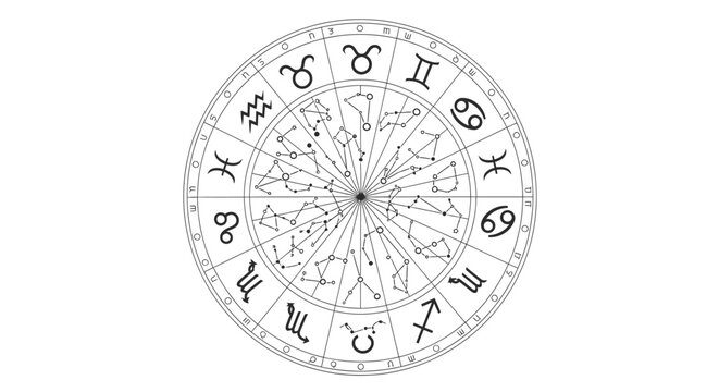 Astrology Zodiac Wheel Chart featuring Astrological Signs and Star Constellations. Horoscope, Spirituality, and Cosmic Destiny Concept