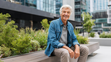 Fototapeta premium Elderly man sitting on a park bench in an urban setting, senior outdoor lifestyle and everyday city life concept, defocused background, with copy space
