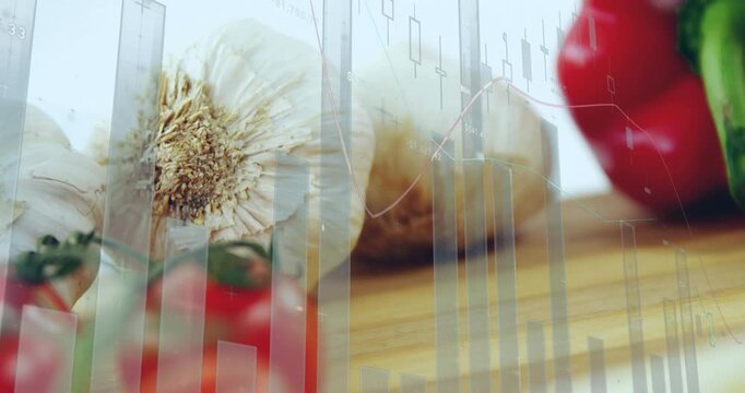 Camera shifting focus, tomato vine moving front, garlic blurring, charts animating, showing finance