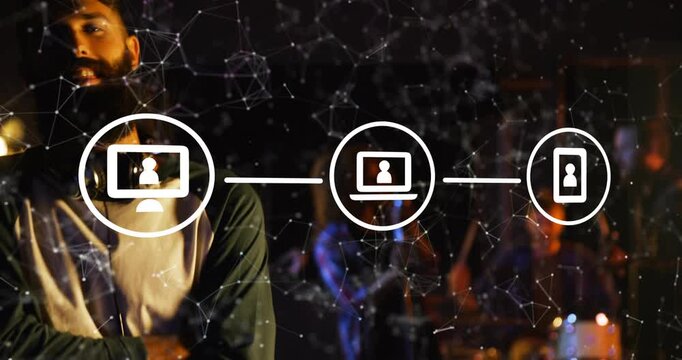Bearded man moving forward as passerby triggers device network overlaying him, showing music tech