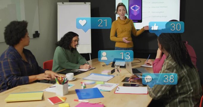 Mustard presenter gesturing at screen, causing likes rising while team noting to engage audience