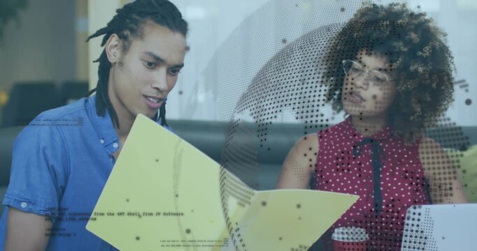 Man opening yellow folder, reading for doc review; woman holding cup, tech globe overlaying code