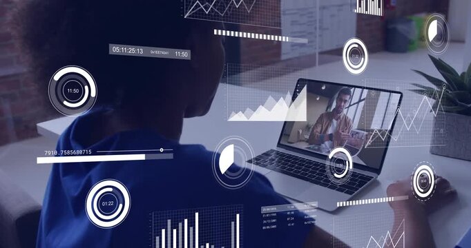 Man moving hand near laptop while tutor gesturing, HUD updating and analyzing education metrics